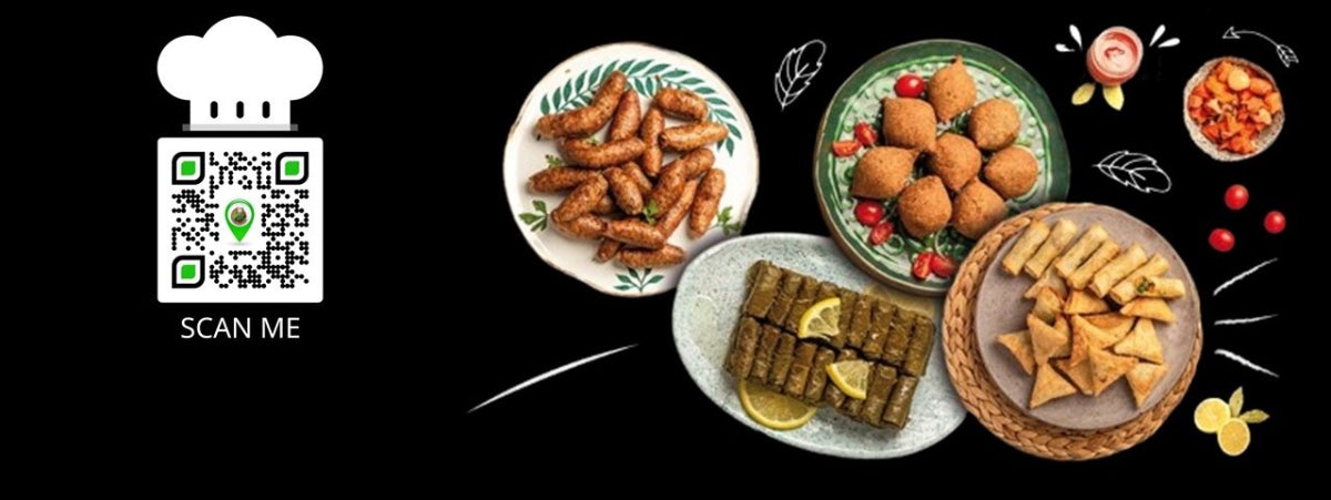 Dishes of food with a QR code and chef icon on a black background